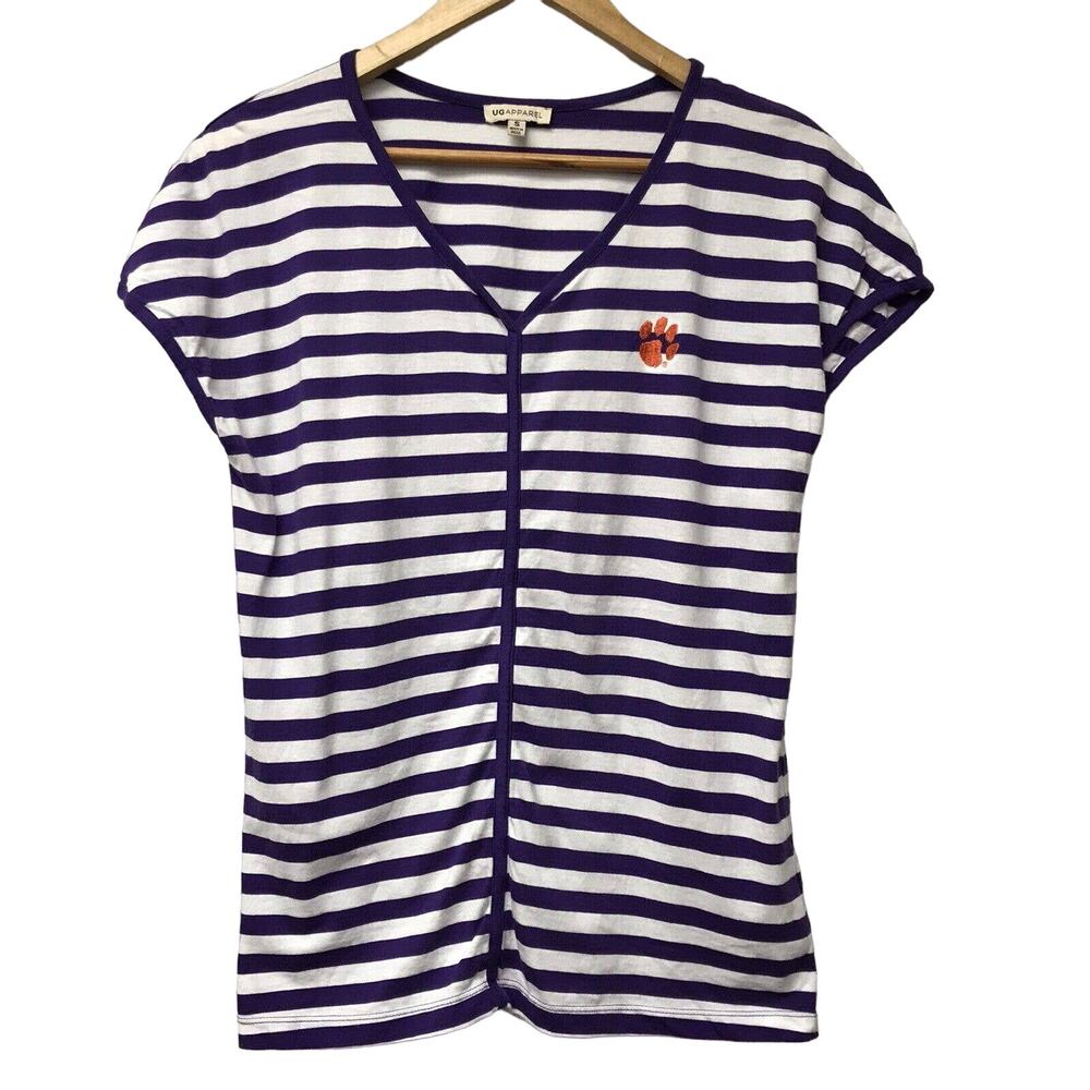 UG Apparel Top Womens Small Purple White Orange Paw Print Stripe